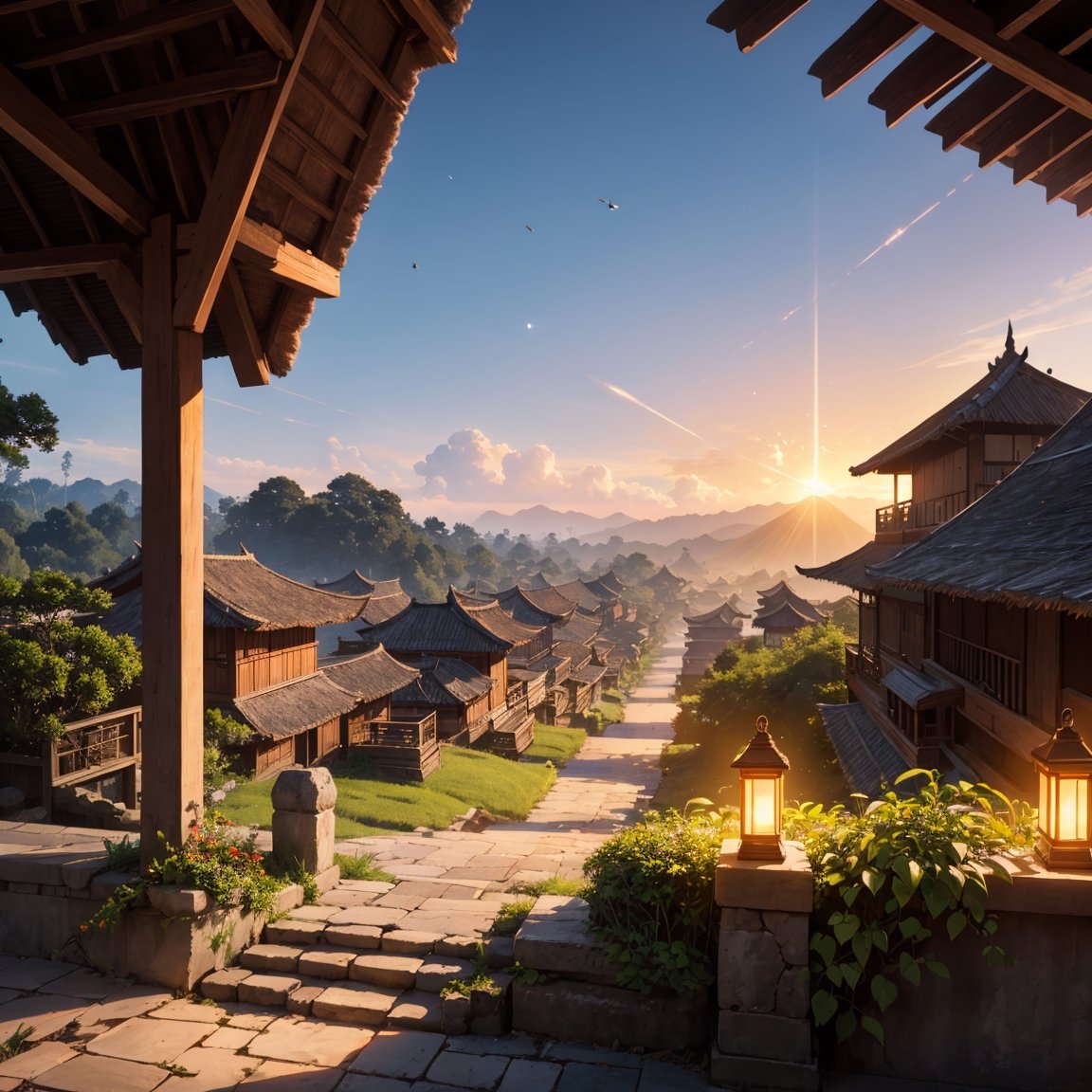 Masterpiece, (very detailed CG unity 8k wallpaper) (best illustration), hazy sunlight, morning, ricefield, hills, anime, village, blue sky, landscape, outdoor, village environment in ancient Java, the era of the Majapahit kingdom, java island, Indonesia, (Warm Light: 1.2), (Firefly: 1.2), Lights, Intricate Details, Volumetric Lighting BREAK (Masterpiece: 1.2), (Best Quality), 8k, Ultra Detailed, (Dynamic Composition: 1.4), Rich in Detail and Color, (Glow, Atmospheric Lighting), Dreamy, Magical, (Solo: 1.2)