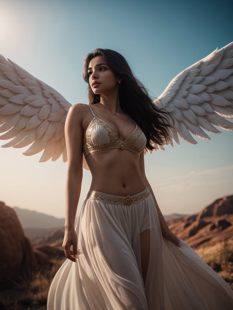 1female, an angel descends from heaven, showing armpits, descends with a shawl, wearing angel battle armor, with bright light in the morning, with charming charm, incomparable beauty, South Asian Female, cinematic photography, detailed, hyperrealism, great detail, 8k cinematic, high resolution, symmetrically, cinematic, color grading, photography, shot on 50mm lens, ultra-wide angle, depth of field, hyperdetailed, beautifully color-coded, insane detail, intricate detail, beautiful color grading, incredibly detailed and intricate, hyper maximal, elegant, hyperrealistic, super detailed, posing dynamic, photography, ultra-realistic, Full - HD, high detailed definition, Hyper detailed, 8k,tamannah bhatia