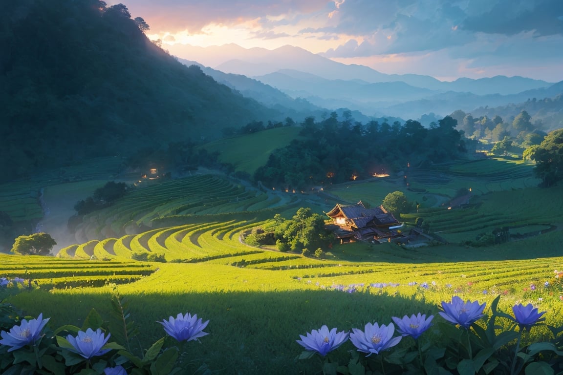 Masterpiece, (very detailed CG unity 8k wallpaper) (best illustration), hazy sunlight, morning, ricefield, hills, anime, village, flowers, blue sky, rural atmosphere in ancient Java, landscape, outdoor,  java island, Indonesia, (Warm Light: 1.2), (Firefly: 1.2), Lights, Lots of Purple and Blue, Intricate Details, Volumetric Lighting BREAK (Masterpiece: 1.2), (Best Quality), 8k, Ultra Detailed, (Dynamic Composition: 1.4), Rich in Detail and Color, (Glow, Atmospheric Lighting), Dreamy, Magical, (Solo: 1.2),High detailed ,PinchingPOV