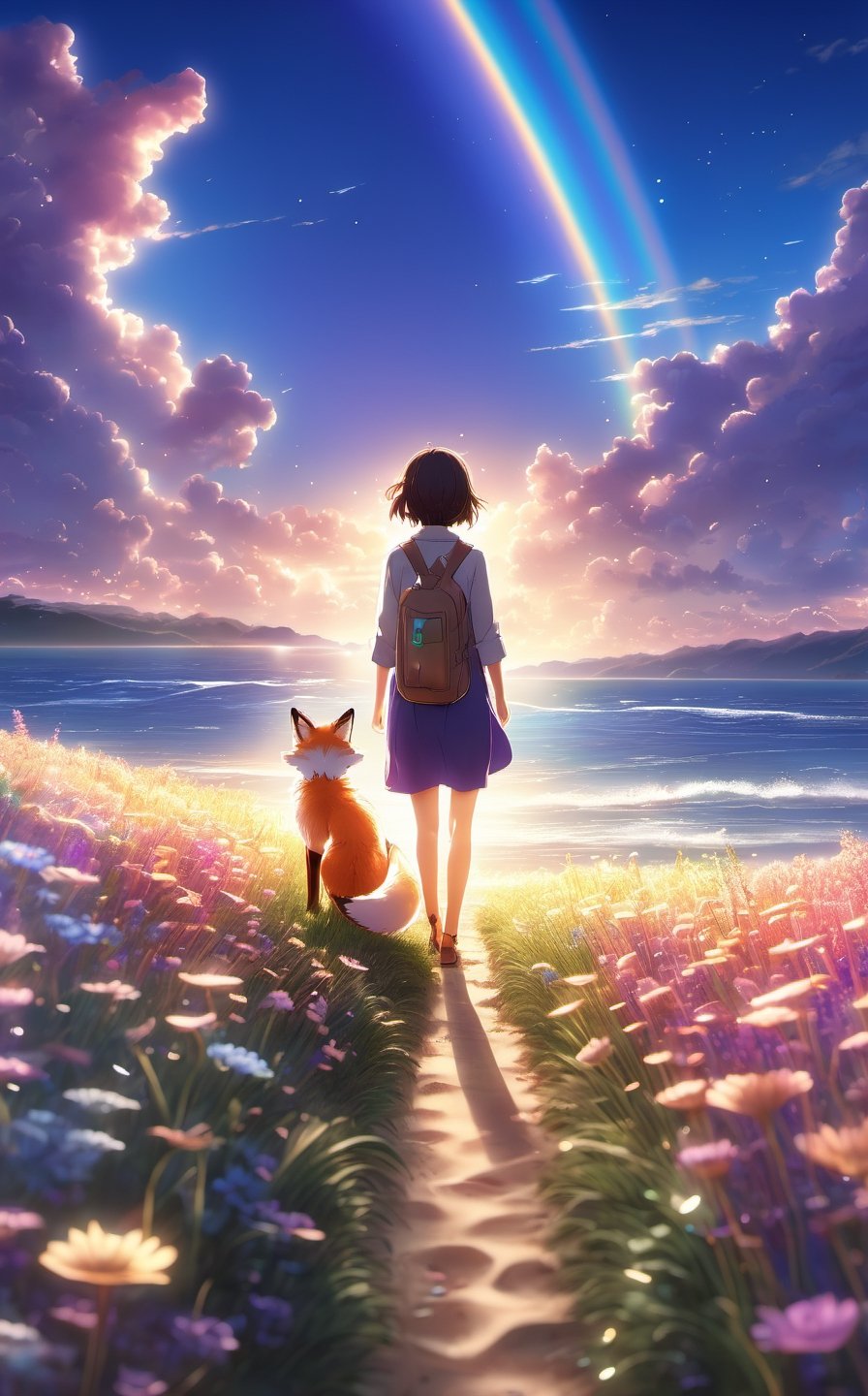 A wide landscape photo, (viewed from below, the sky is above, and the beautiful beach), a girl standing on a flower field looking up, (meteor: 0.9), a distant beach, (Warm Light: 1.2), (Firefly: 1.2), Lights, Lots of Purple and Blue, Intricate Details, Volumetric Lighting BREAK (Masterpiece: 1.2), (Best Quality), 8k, Ultra Detailed, (Dynamic Composition: 1.4), Rich in Detail and Color, (Rainbow Color: 1.2), (Bokeh: 1.2), (Glow, Atmospheric Lighting), Dreamy, Magical, (Solo: 1.2), anime drawing by Makoto Shinkai, trending on pixiv, magic realism, beautiful anime scene, cosmic sky. by makoto shinkai, ( ( makoto shinkai ) ), by makoto shinkai, anime background art, makoto shinkai style with enhanced details.,3d style,Spirit Fox Pendant