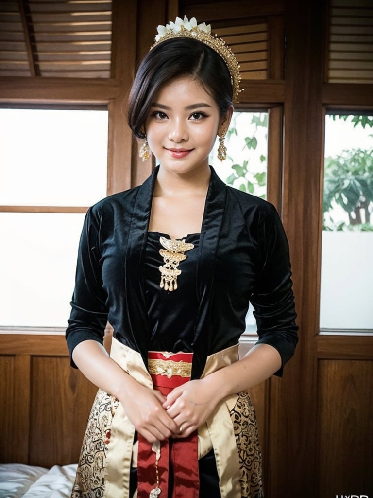 1female, a woman in a traditional Javanese wedding hall, an alluring and sensual style, with a voluptuous pose, smiling, dressed in a traditional Javanese with gold and black ornaments, is having a traditional Javanese wedding, wearing a typical Javanese bun, southeast Asian female, ancient Javanese era, cinematic photography, detailed, hyperrealism, high detail, 8k cinematic, high resolution, symmetrically, cinematic, color grading, photography, shot on 50mm lens, ultra-wide angle, depth of field, hyperdetailed, beautifully color-coded, insane detail, intricate detail, beautiful color grading, incredibly detailed and intricate, hyper maximal, elegant, hyperrealistic, super detailed, posing dynamic, photography, ultra-realistic, Full - HD, high detailed definition, Hyper detailed, 8k, Asian girl,ellafreya,Japanese. Short Blonde Hair