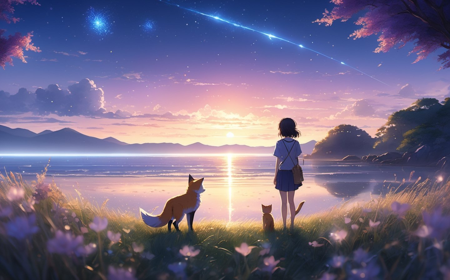 A wide landscape photo, (viewed from below, the sky is above, and the beautiful beach), a girl standing on a grass field looking up, a cat, a distant beach, (meteor: 0.9), (Warm Light: 1.2), (Firefly: 1.2), Lights, Lots of Purple and Blue, Intricate Details, Volumetric Lighting BREAK (Masterpiece: 1.2), (Best Quality), 8k, Ultra Detailed, (Dynamic Composition: 1.4), Rich in Detail and Color, (Bokeh: 1.2), (Glow, Atmospheric Lighting), Dreamy, Magical, (Solo: 1.2), anime drawing by Makoto Shinkai, trending on pixiv, magic realism, beautiful anime scene, cosmic sky. by makoto shinkai, ( ( makoto shinkai ) ), by makoto shinkai, anime background art, makoto shinkai style with enhanced details,detailmaster2,Spirit Fox Pendant