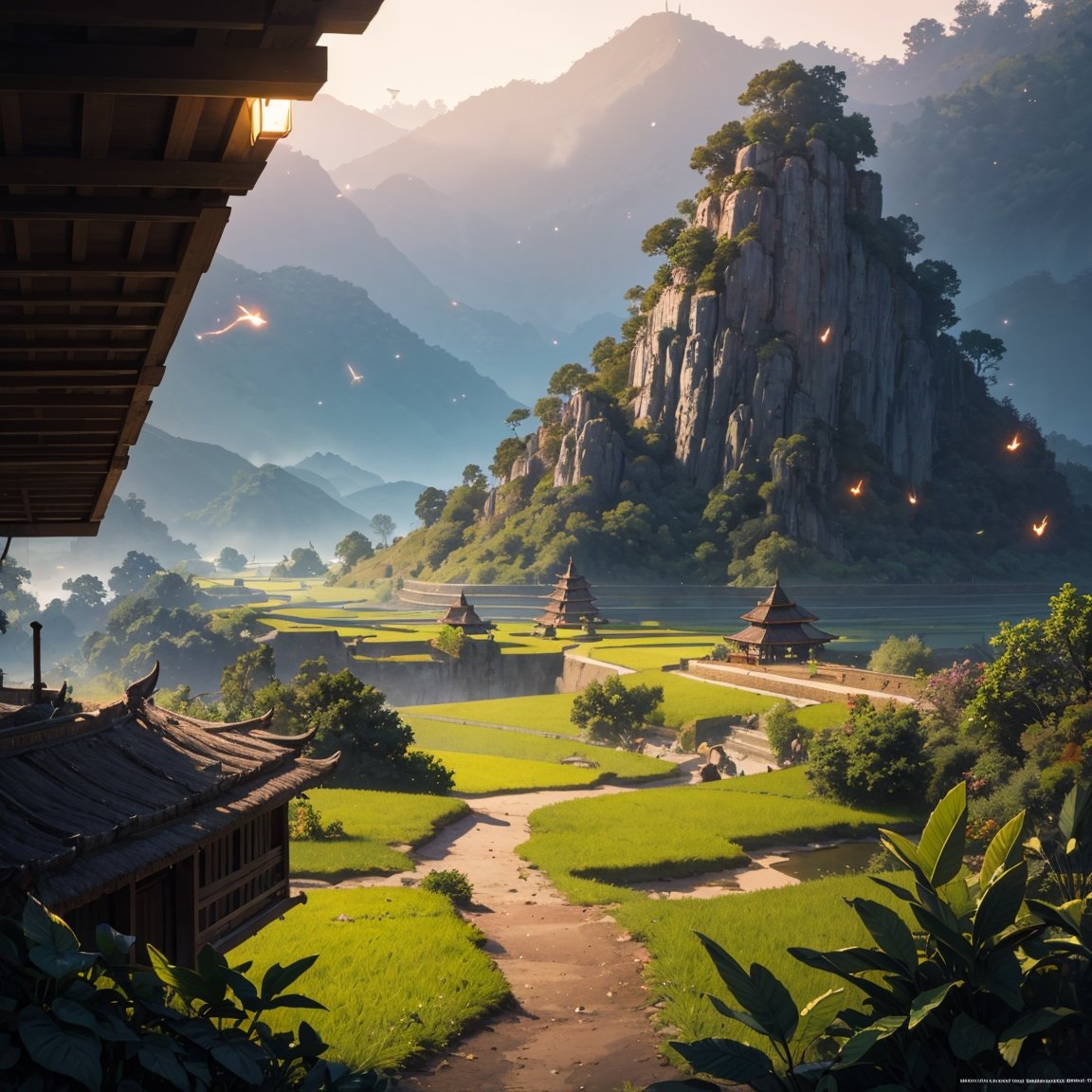 Masterpiece, (very detailed CG unity 8k wallpaper) (best illustration), hazy sunlight, morning, ricefield, landscape, outdoor,  blue sky, anime, village environment in ancient Java, the era of the Majapahit kingdom, java island, Indonesia, (Warm Light: 1.2), (Firefly: 1.2), Lights, Intricate Details, Volumetric Lighting BREAK (Masterpiece: 1.2), (Best Quality), 8k, Ultra Detailed, (Dynamic Composition: 1.4), Rich in Detail and Color, (Glow, Atmospheric Lighting), Dreamy, Magical, (Solo: 1.2)