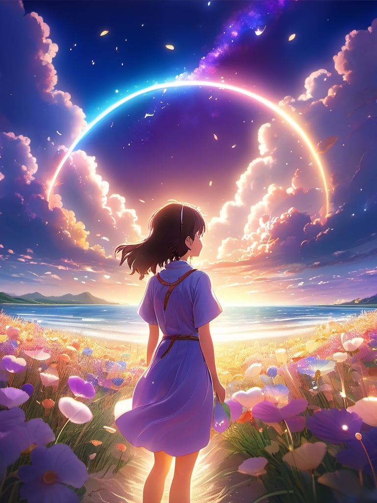 A wide landscape photo, (viewed from below, the sky is above, and the beautiful beach), a girl standing on a flower field looking up, (meteor: 0.9), a distant beach, (Warm Light: 1.2), (Firefly: 1.2), Lights, Lots of Purple and Blue, Intricate Details, Volumetric Lighting BREAK (Masterpiece: 1.2), (Best Quality), 8k, Ultra Detailed, (Dynamic Composition: 1.4), Rich in Detail and Color, (Rainbow Color: 1.2), (Glow, Atmospheric Lighting), Dreamy, Magical, (Solo: 1.2), anime drawing by Makoto Shinkai, trending on pixiv, magic realism, beautiful anime scene, cosmic sky. by makoto shinkai, ( ( makoto shinkai ) ), by makoto shinkai, anime background art, makoto shinkai style with enhanced details.,3d style,Spirit Fox Pendant