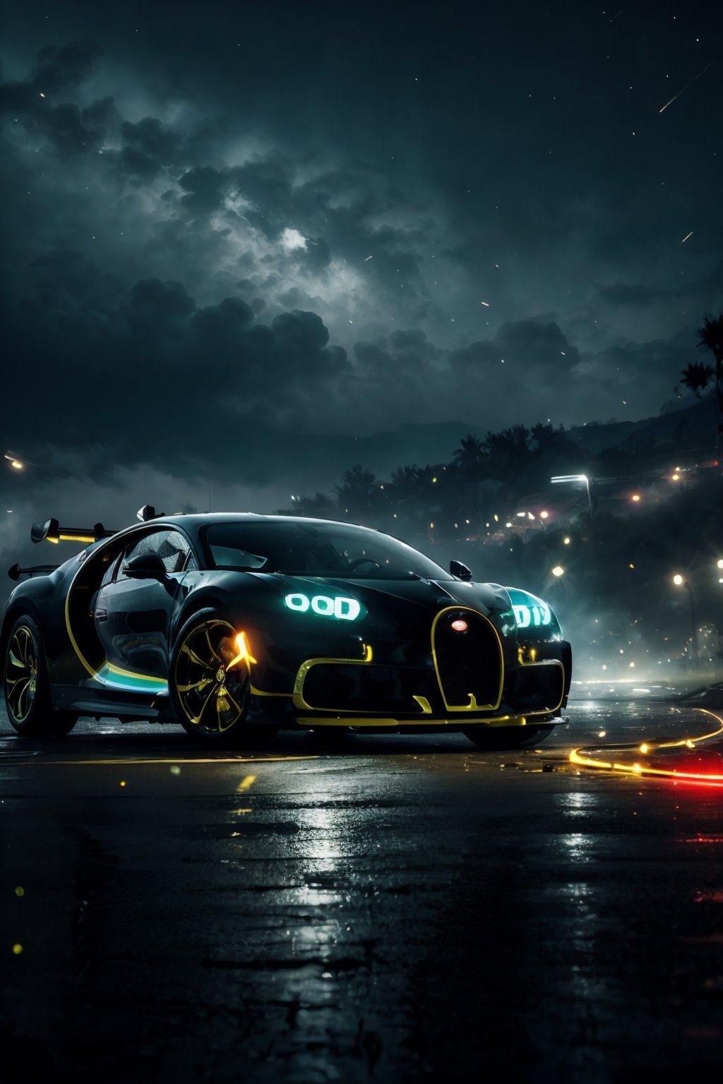 best quality, masterpiece, low angle view. The front shot. Bugatti Chiron alien vision car, a golden car, a colorful car, a legendary car, with turbo. neon ambiance, abstract black oil, gear mecha, detailed acrylic, grunge, intricate complexity, rendered in unreal engine, photorealistic, ultra highly detailed, cinematic, Super various sport luxury cars, in dark racing red speeds along a night track, headlight beams piercing the darkness toward distant lights. fast, high speed, high detailed, 16k, while driving, lightning, electrical, technical, adrenaline-fuelled, dynamic angles and intense lighting. (((parallax motion blur))), ((ultra-detailed details))) high-speed excitement, dutch angle view from in front, ultra hd, realistic, vivid colors, highly detailed, UHD drawing, perfect composition, ultra hd, 8k, he has an inner glow, stunning, something that even doesn't exist, mythical being, energy, molecular, textures, iridescent and luminescent scales, breathtaking beauty, pure perfection, divine presence, unforgettable, impressive, breathtaking beauty, Volumetric light, auras, rays, vivid colors reflects.,Cyberpunk,photorealistic,firefliesfireflies