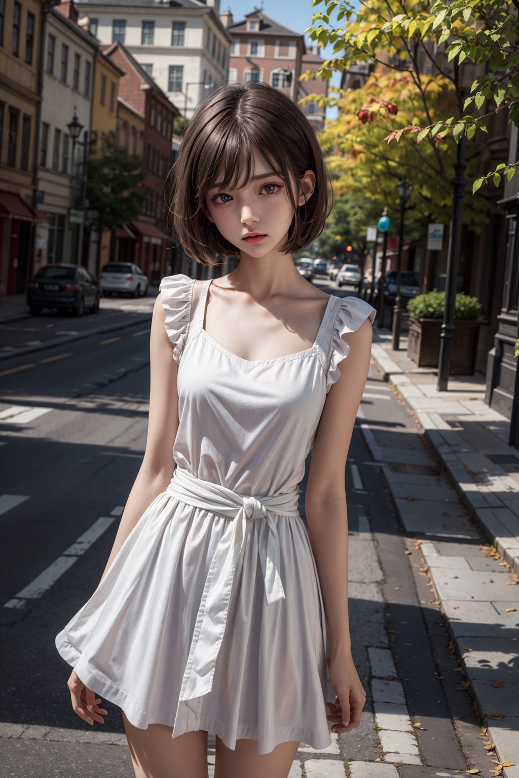 (8k, best quality, masterpiece:1.2),(best quality:1.3), (ultra highres:1.0), RAW photo, realistic photo, a beautiful girl, from head to waist, extremely luminous bright design,autumn lights, short brown hair, thin lips, cute angry, pouting,little_cute_girl