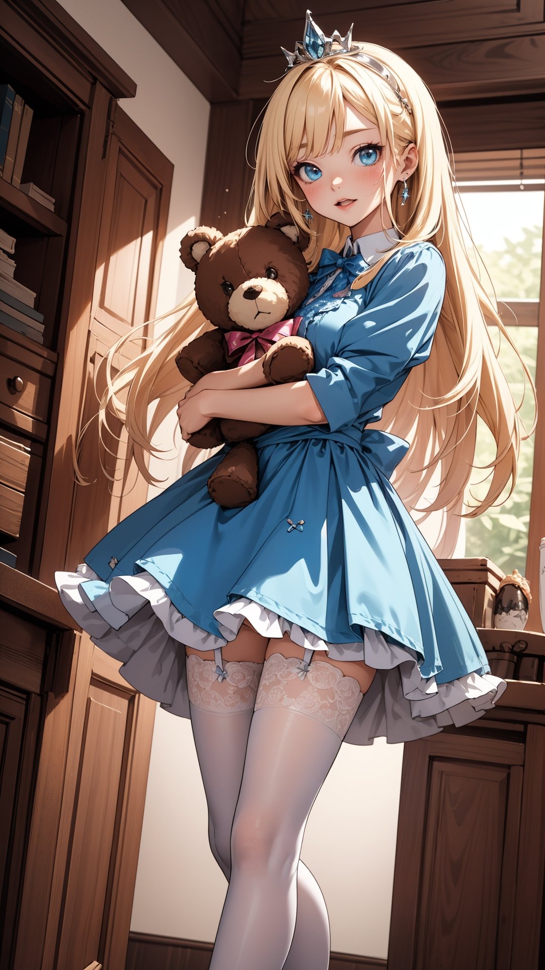(best quality, masterpiece, illustration, designer, lighting), (extremely detailed CG 8k wallpaper unit), (detailed and expressive eyes), detailed particles, beautiful lighting, a cute girl, long blonde hair, wearing a teddy bear tiara, (Hug teddy bear doll),donning a beautiful blue and white dress with ruffles and lace, sheer pink stockings, transparent aquamarine crystal shoes, bows around her waist (Alice in Wonderland), butterflies around, (Pixiv anime style), (Wit studios),(manga style), scared,In the dark corner of the room,little_cute_girl,midjourney