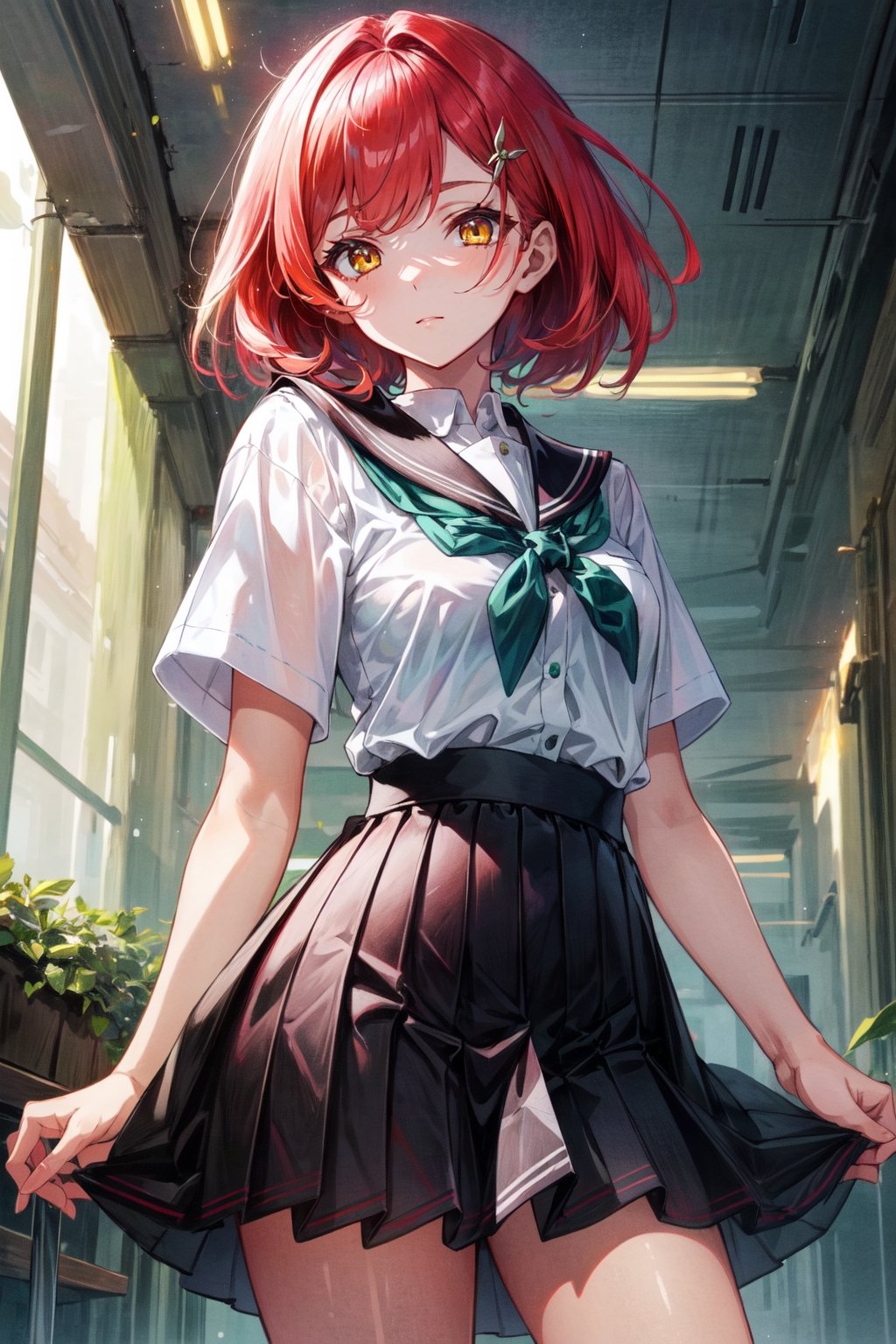 A girl with yellow eyes, red hair, and fair skin, wearing a school uniform. A second girl, beside her, with short white hair, tan skin, and emerald eyes, also wearing a school uniform. Two cute girls.,High detailed 