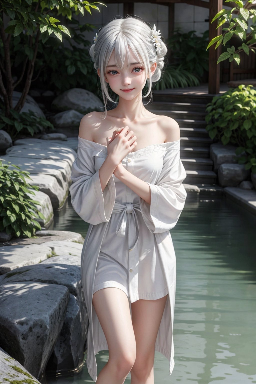 (masterpiece:1.2, best quality), (finely detailed beautiful eyes: 1.2), (extremely detailed CG unity 8k wallpaper, masterpiece, best quality, ultra-detailed, best shadow), (detailed background), (beautiful detailed face, beautiful detailed eyes), (best illumination, an extremely delicate and beautiful), beautiful detailed glow, 1girl, solo, illustration, white hair, red eye, bare shoulder, (hair ornament), full body, bathrobe , hot spring, smile, nice hands, perfect hands,
,little_cute_girl