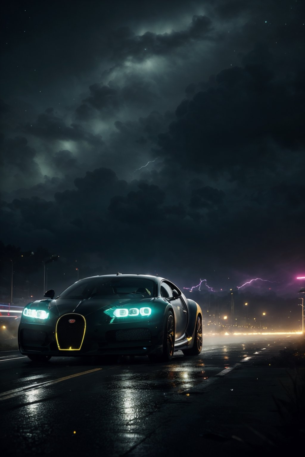 best quality, masterpiece, low angle view. The front shot. Bugatti Chiron alien vision car, a golden car, a colorful car, a legendary car, with turbo. neon ambiance, abstract black oil, gear mecha, detailed acrylic, grunge, intricate complexity, rendered in unreal engine, photorealistic, ultra highly detailed, cinematic, Super various sport luxury cars, in dark racing red speeds along a night track, headlight beams piercing the darkness toward distant lights. fast, high speed, high detailed, 16k, while driving, lightning, electrical, technical, adrenaline-fuelled, dynamic angles and intense lighting. (((parallax motion blur))), ((ultra-detailed details))) high-speed excitement, dutch angle view from in front, ultra hd, realistic, vivid colors, highly detailed, UHD drawing, perfect composition, ultra hd, 8k, he has an inner glow, stunning, something that even doesn't exist, mythical being, energy, molecular, textures, iridescent and luminescent scales, breathtaking beauty, pure perfection, divine presence, unforgettable, impressive, breathtaking beauty, Volumetric light, auras, rays, vivid colors reflects.,Cyberpunk,photorealistic,firefliesfireflies