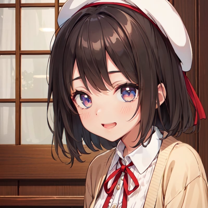 masterpiece, best quality, artist request, 1girl, ((girl is Megumi_Katou, white beret, center frills, white dress, red cardigan, open cardigan, neck ribbon, white thighhighs, frilled thighhighs)), beautiful detailed eyes, happy, smile, game cg, Anime screencap, looking at viewer, perfect style, niji, perfect_eyes,photo of perfect, eyes,
