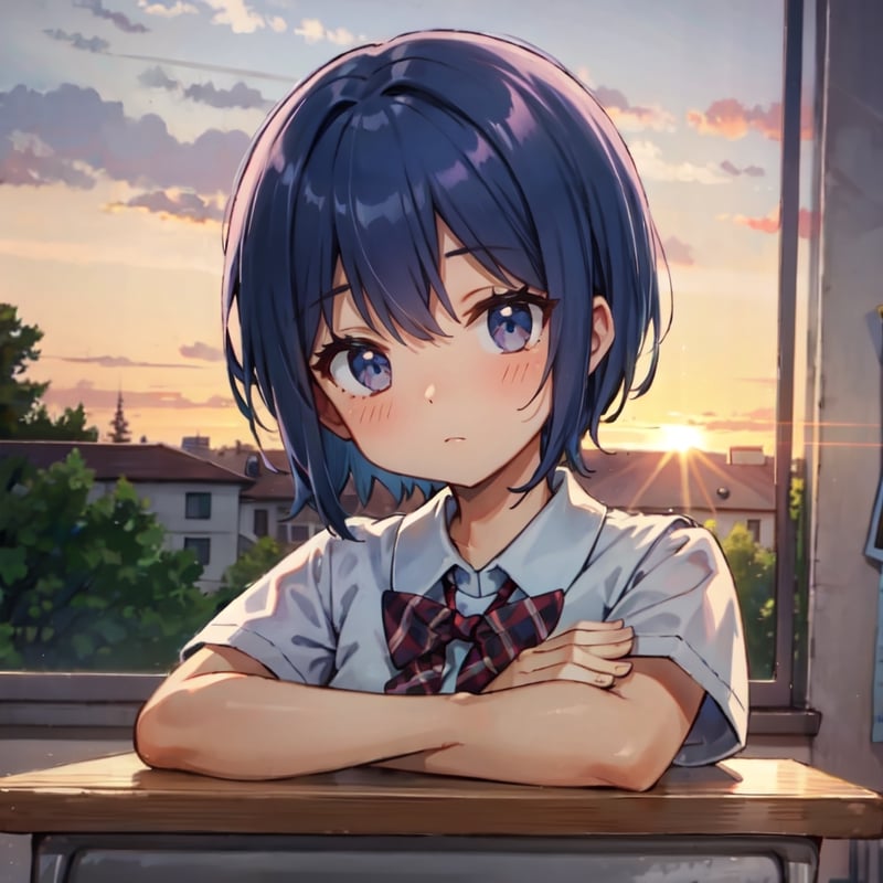 dark blue hair, short hair, hair bobbles, school uniform, sunset, classroom, smiling,