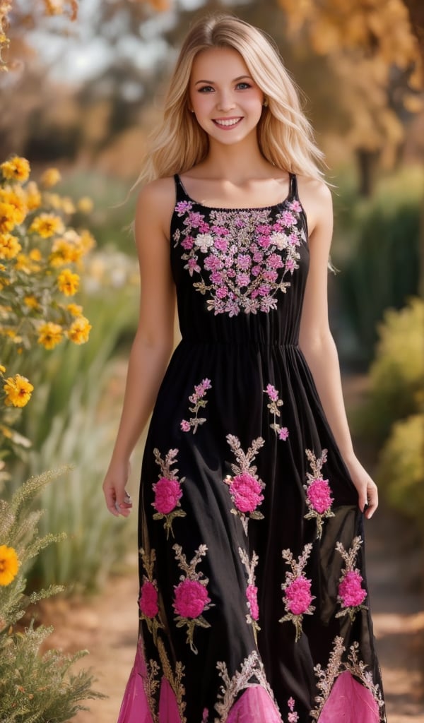 1girl, Beautiful young woman, blonde, smiling, clear facial features, (wearing a beautiful Ukrainian national long dress with embroidered ornaments in pink, black), sunny day, botanical garden, realistic