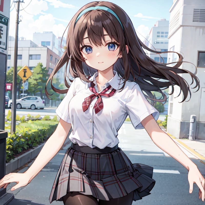 ,sakuma mayu, solo, brown hair, blue eyes, hairband, medium breasts, White blouse, short sleeves, high school girl, ribbon tie, pleated skirt, plaid skirt, black tights, leggings,