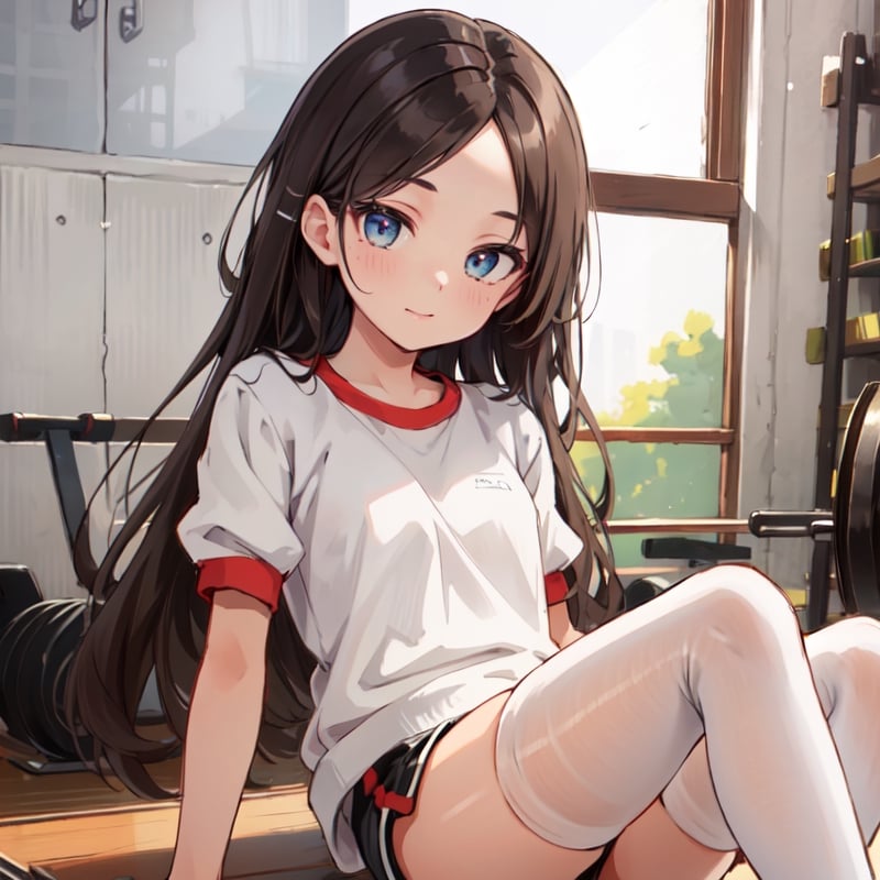 1girl,animated,black_shorts,blurry,blurry_background,brown_eyes,brown_hair,clip_studio_paint_(medium),closed_mouth,collarbone,commentary_request,depth_of_field,dot_nose,feet_out_of_frame,forehead,gym_shirt,gym_shorts,gym_storeroom,gym_uniform,indoors,long_hair,looking_at_viewer,making-of,original,parted_bangs,puffy_short_sleeves,puffy_sleeves,shirt,short_shorts,short_sleeves,shorts,sitting,sketch,smile,solo,split_mouth,takasuma_hiro,thighhighs,two_side_up,vaulting_horse,very_long_hair,video,white_shirt,white_thighhighs, best quality, masterpiece, nai3, niji, perfect_eyes, photo of perfect,photo of perfecteyes eyes,