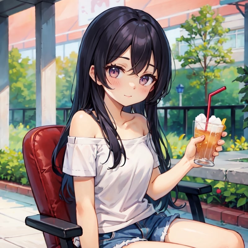 ((masterpiece)), ((best quality)), ((ultra-detailed)),1girl,shoes, long hair, solo, shirt, smile, shorts, black hair, socks, pink shirt, pink footwear, white socks, off shoulder, sneakers, blush,cutoffs, bangs, closed mouth,food court,sitting,on the chair,(drink),pov,more_details:-1, more_details:0, more_details:0.5, more_details:1,
