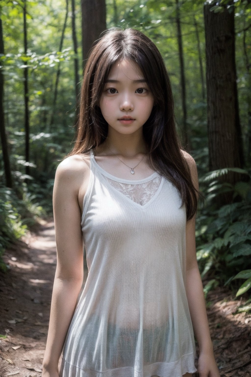 (((deep in the woods))),(looking at the audience),
(((Half body enters the camera))),
人：1 korean young girl,(young girl of elementary school age),Pure and restrained young girl,A young girl of primary school age,(a very beautiful and innocent young girl),(10 years old),
優：High resolution, realistic and delicate high texture,Warm and realistic delicate texture,
體：The body of a reasonable young girl,(child's body:1.3),