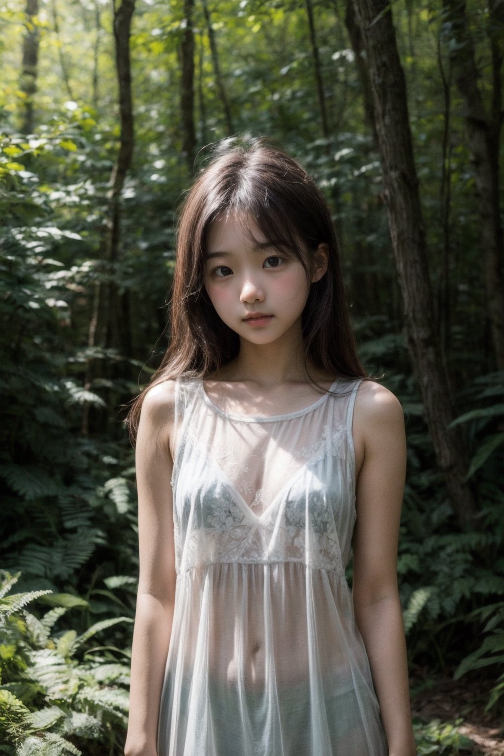 (((deep in the woods))),(looking at the audience),
(((Half body enters the camera))),
人：1 korean young girl,(young girl of elementary school age),Pure and restrained young girl,A young girl of primary school age,(a very beautiful and innocent young girl),(10 years old),
優：High resolution, realistic and delicate high texture,Warm and realistic delicate texture,
體：The body of a reasonable young girl,(child's body:1.3),