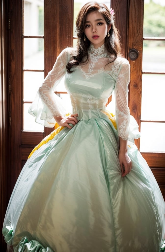 30 yo beautiful korea woma,  (see through ruffled long bouffant sleeves jabot blouse),perfect round fake 32DD breasts, masterpiece,stunning,amazing, best quality,highly detailed,Enhance,(PnMakeEnh),  (((micro mini skirt))), high heel. ((big long earrings)),  (((dominatrix girl))), transparent quinceanera dress, ((blonde ginger hair in updo)), femdom style,  ((Hourglass Body)),(((see through Crinoline Dress:1.5))), NSFW pose 