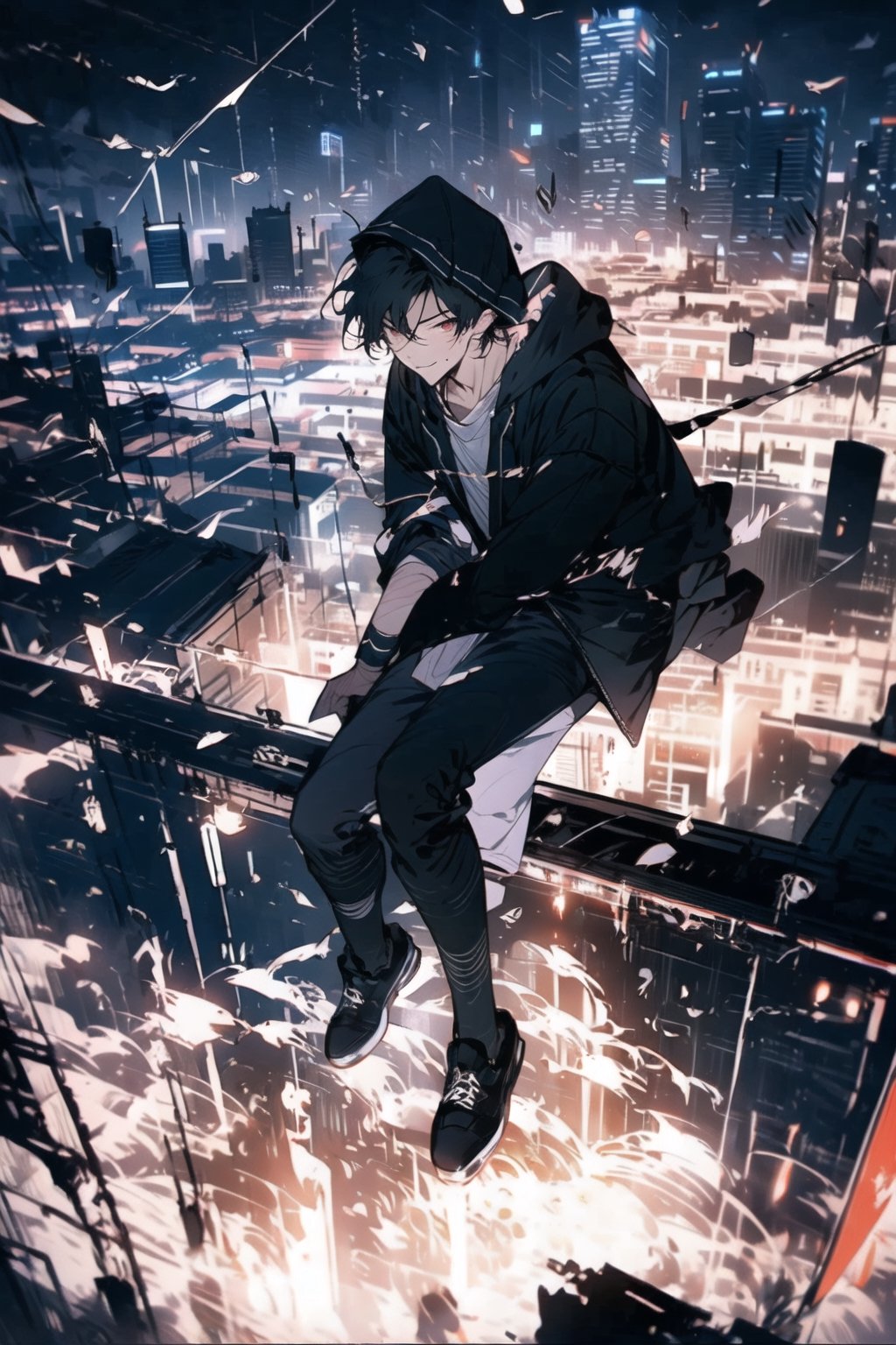 Boy (sitting on the roof), short red hair, body injury, evil red eyes, arrogant face, long tongue (showing tongue), Masterpiece (Masterpiece: 1.1), Superb, High Quality, Clotte (hooded shirt, black clot, destruction) ) (clothes: 1.2), background (city lights (city: 1.2), cloudy sky, street lights, building roofs, rain), view from above, trampled and destroyed,yofukashi background,glass