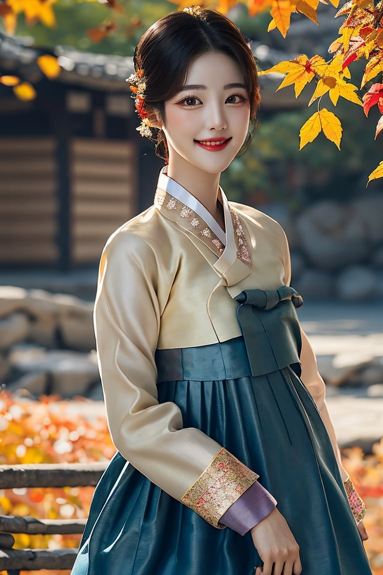 Warm lighting, hanbok, korean clothes, light smile, Clean makeup, wind, Girl wearing Korean traditional hanbok dress,beautiful korean girl, detailed face, shy smile, dark eyes,Straight black hair, details outdoors, autumn, autumn leaves, upper body, realistic, 