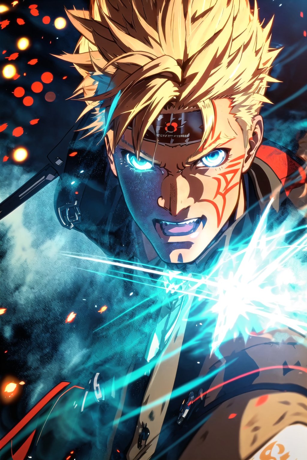 guiltys, smile, a battle man, glow blue eyes, blond spiky hair, upper body, (bokeh:1.1), depth of field, by Akihiko Yoshida, tracers, | smooth detailed shadows, hyperealistic shadows, (saturated colors:1.2) | (game cg, unreal engine), (3d model), special fx, flash