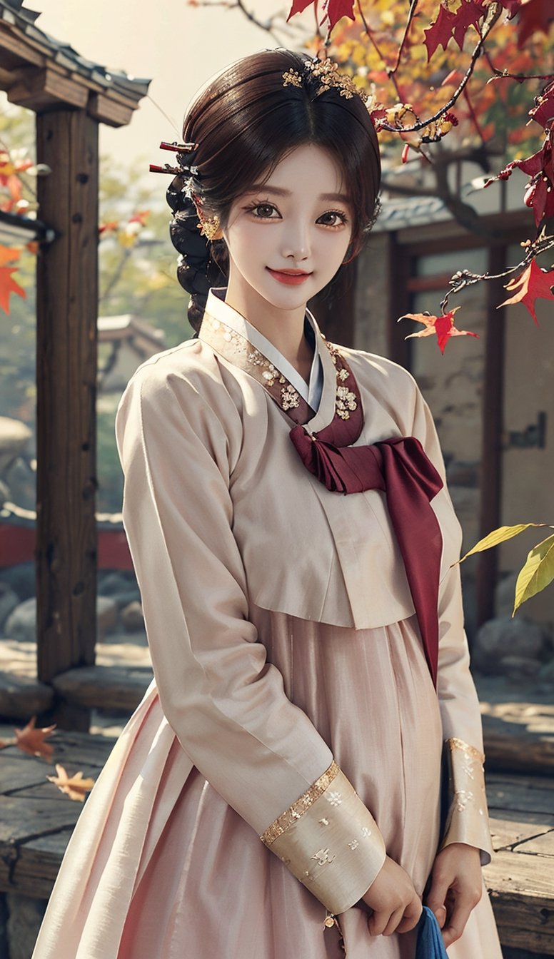 Warm lighting, hanbok, korean clothes, ultra 8k, film, (huge_breasts), nippels, light smile, nnocent makeup, wind, Girl wearing Korean traditional hanbok dress,beautiful korean girl, detailed face, shy smile, dark eyes,Straight black hair, details outdoors, autumn, autumn leaves, upper body, realistic, ,JeeSoo ,Bomi,xxmixgirl,xxmix_girl,Soojin 