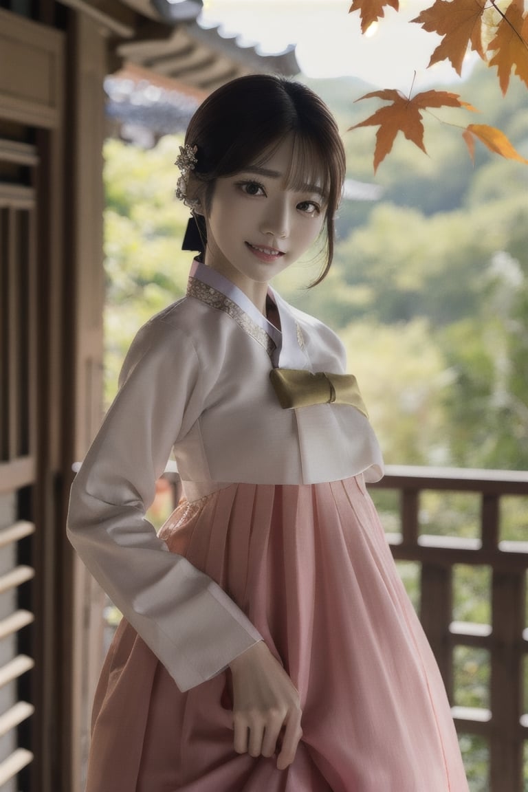 Warm lighting, hanbok, korean clothes, ultra 8k, film, large_breast,  light smile, nnocent makeup, wind,Tilt your head slightly to the side,  Girl wearing Korean traditional hanbok dress,beautiful korean girl, detailed face, shy smile, dark eyes,Straight black hair, details outdoors, autumn, autumn leaves, upper body, realistic, ,JeeSoo ,Bomi