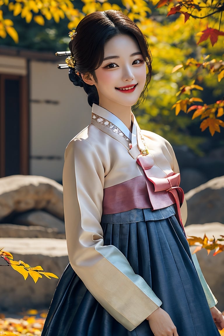 Warm lighting, hanbok, korean clothes, light smile, Girl wearing Korean traditional hanbok dress,beautiful korean girl, detailed face, shy smile, dark eyes,Straight black hair, details outdoors, autumn, autumn leaves, upper body, realistic, 