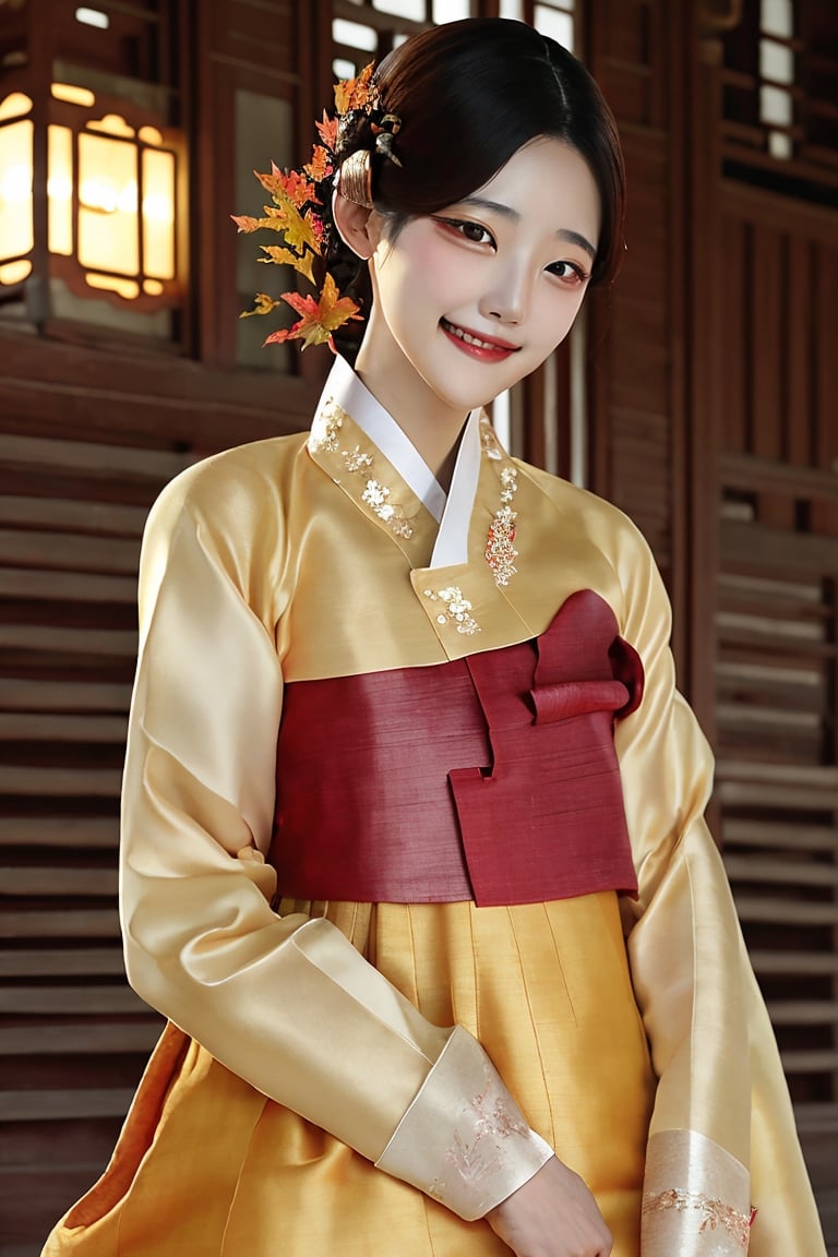 Warm lighting, hanbok, korean clothes, ultra 8k, realistic, light smile, nnocent makeup, wind,Tilt your head slightly to the side,  Girl wearing Korean traditional hanbok dress,beautiful korean girl, detailed face, shy smile, dark eyes,Straight black hair, details outdoors, autumn, autumn leaves, upper body, realistic, 