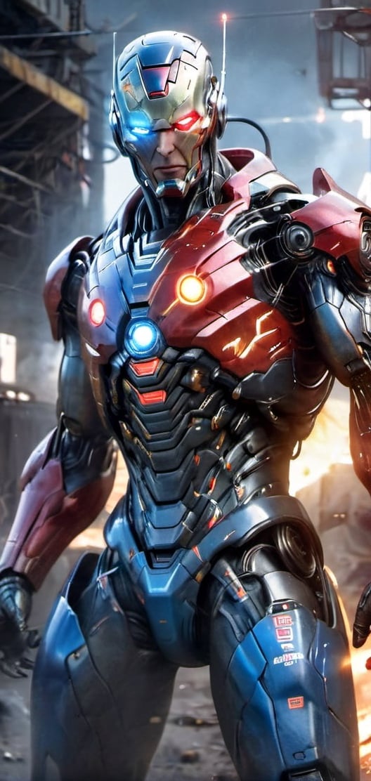 Create a image of cyborg allien casting fire around him.male allien, red eyes ,scary , enraged detailed face , futuristic , red and blue aura, dark lighting , ,flmngprsn,Ultron, ,Monster,mecha, iron_man, MK48, red color custom,