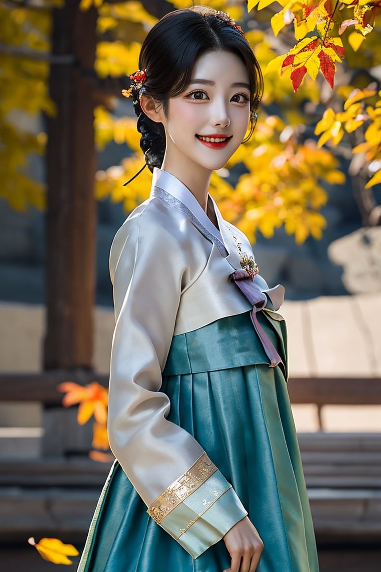 Warm lighting, hanbok, korean clothes, ultra 8k, realistic, light smile, nnocent makeup, wind, Girl wearing Korean traditional hanbok dress,beautiful korean girl, detailed face, shy smile, dark eyes,Straight black hair, details outdoors, autumn, autumn leaves, upper body, realistic, 