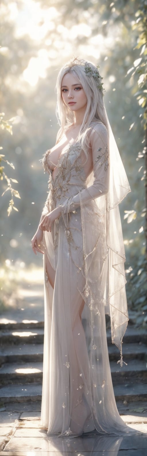 best quality, high resolution, 8k, realistic, sharp focus, photorealistic image of a beautiful white haired princess in the secret garden amongst ruins and flowers and trees, nude, semi transparent decoration, shiny skin, reflection, blurry_light_background,1 girl,yuzu