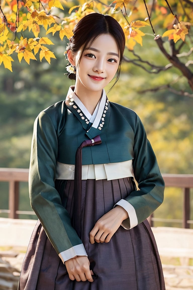 Warm lighting, hanbok, korean clothes, ultra 8k, realistic, light smile, nnocent makeup, wind,Tilt your head slightly to the side,  Girl wearing Korean traditional hanbok dress,beautiful korean girl, detailed face, shy smile, dark eyes,Straight black hair, details outdoors, autumn, autumn leaves, upper body, realistic, ,JeeSoo 