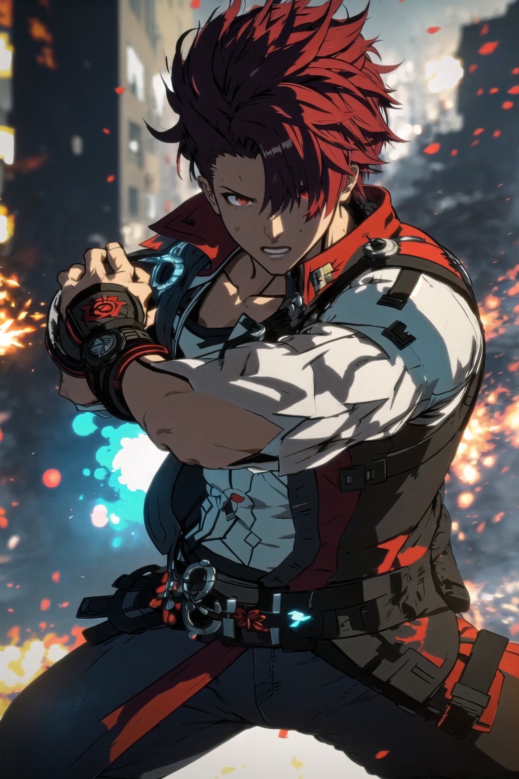 guiltys, serious, a battle man, red eyes, white swirl hair, upper body, (bokeh:1.1), depth of field, by Akihiko Yoshida, tracers, | smooth detailed shadows, hyperealistic shadows, (saturated colors:1.2) | (game cg, unreal engine), (3d model), special fx, (((fighting pose))), fireemblem