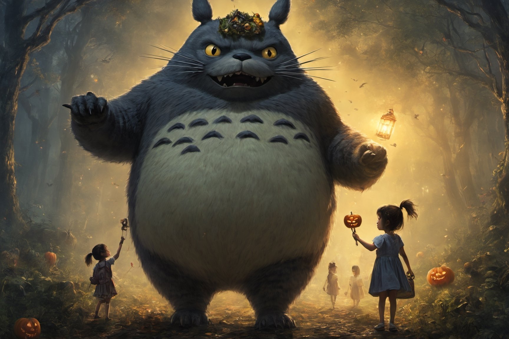 Create a photo-realistic Halloween big fat (Evil) (Zombie) (Totoro) (Fangs) holding a little girl's hand and throwing a party in the forest (Little Girl) (Bus). (Miyazaki style)
Illuminated by torchlight.