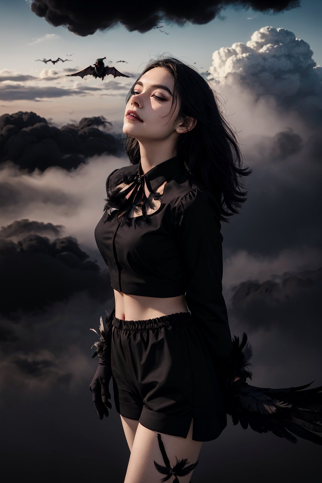 (((masterpiece))),best quality, extremely detailed CG unity 8k, illustration, contour deepening beautiful detailed glow,(beautiful detailed eyes), (1 girl:1.1), ((Bana)), large top sleeves, Floating black ashes, Beautiful and detailed black, red moon, ((The black clouds)), (black Wings) , a black cloudy sky, burning, black dress, (beautiful detailed eyes), black expressionless, beautiful detailed white gloves, (crow), bat, (floating black cloud:1.5),white and black hair, disheveled hair, long bangs, hairs between eyes, black knee-highs, black ribbon, white bowties, midriff,{{{half closed eyes}}},((Black fog)), Red eyes, (black smoke), complex pattern, ((Black feathers floating in the air)), (((arms behind back)))