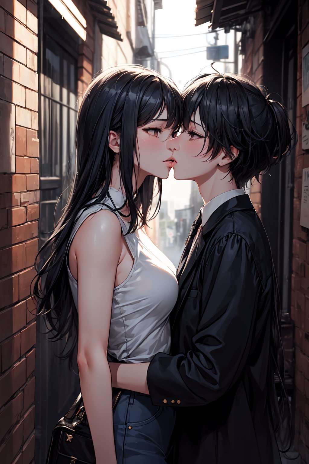 Generate an artistic image of a polaroid photograph found in a wallet, depicting a kiss between Mr. Blue, a 45 year old man, short dark blue hair, and Ms. Pink, a 19 year old girl, long pink wavy hair, in an alley. Create an anime-style representation that conveys the emotions and depth of their relationship. The photograph should evoke a sense of secrecy and hidden love and taken from secretive angle. Use creative rendering techniques to enhance the artistic and mysterious elements of the image.