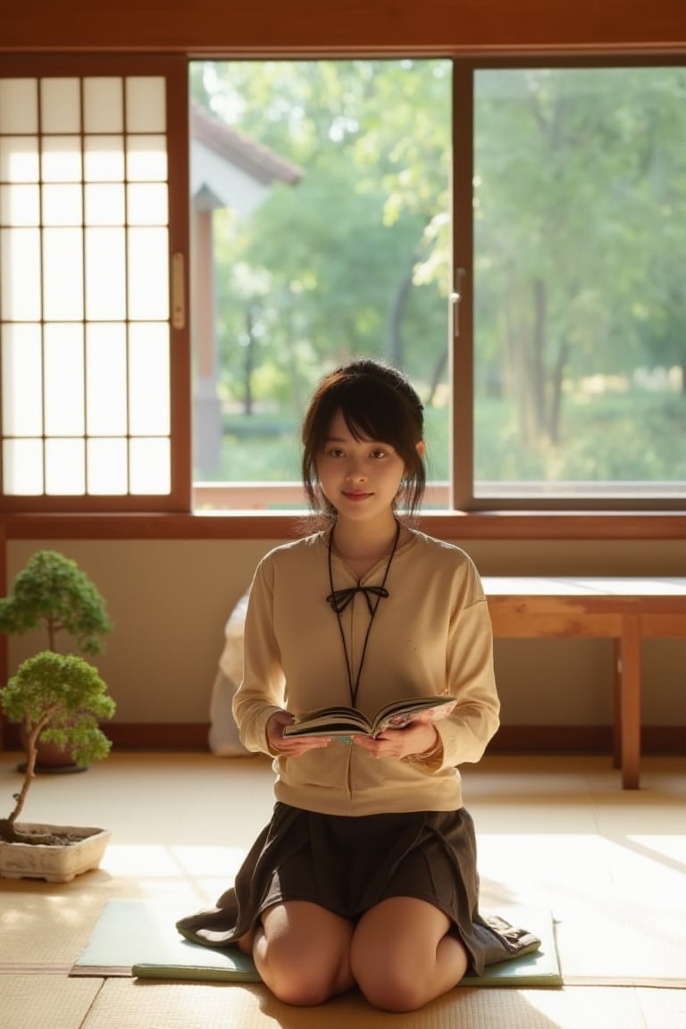 A Japanese schoolgirl in a traditional uniform, kneeling seiza-style on tatami mats inside a traditional Japanese house. The room features shoji screens, a low wooden table, and a bonsai plant. Soft natural light filters through the paper windows, casting a warm glow. The girl holds a book, her face showing a gentle, serene smile. The composition is centered, with the girl's posture and the serene environment creating a harmonious scene.