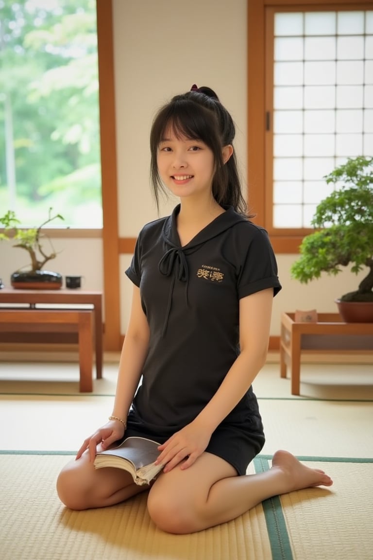 A Japanese schoolgirl in a traditional uniform, kneeling seiza-style on tatami mats inside a traditional Japanese house. The room features shoji screens, a low wooden table, and a bonsai plant. Soft natural light filters through the paper windows, casting a warm glow. The girl holds a book, her face showing a gentle, serene smile. The composition is centered, with the girl's posture and the serene environment creating a harmonious scene.