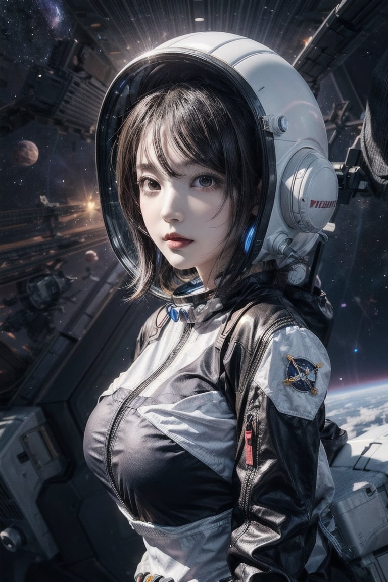 Anime 28 years old girl floating in the air in a spacesuit, wearing her helmet, portrait anime space cadet girl, girl in space, Ignorant and cute, Anime art wallpaper 8 K, style of anime4 K, Smooth anime CG art, Anime art wallpaper 4 K, Anime art wallpaper 4k, 4K anime wallpaper, render of a cute 3d anime girl, Anime wallpaper 4 k, Anime wallpaper 4K, big_boobies, full body, breasts out, floating in the air, hand carry Stuffed toy, High detailed, real breasts