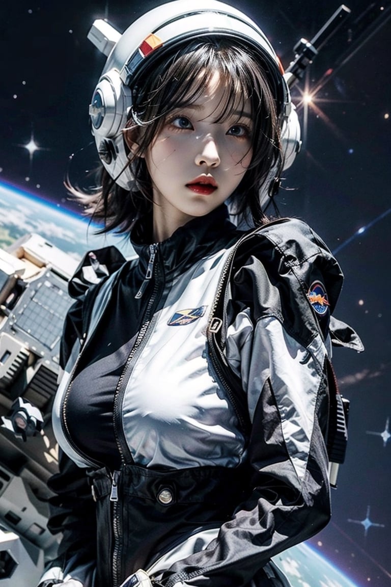 Anime 28 years old girl floating in the air in a spacesuit, wearing her helmet, portrait anime space cadet girl, girl in space, Ignorant and cute, Anime art wallpaper 8 K, style of anime4 K, Smooth anime CG art, Anime art wallpaper 4 K, Anime art wallpaper 4k, 4K anime wallpaper, render of a cute 3d anime girl, Anime wallpaper 4 k, Anime wallpaper 4K, big_boobies, full body, breast out, floating in the air, hand carry Stuffed toy, High detailed 