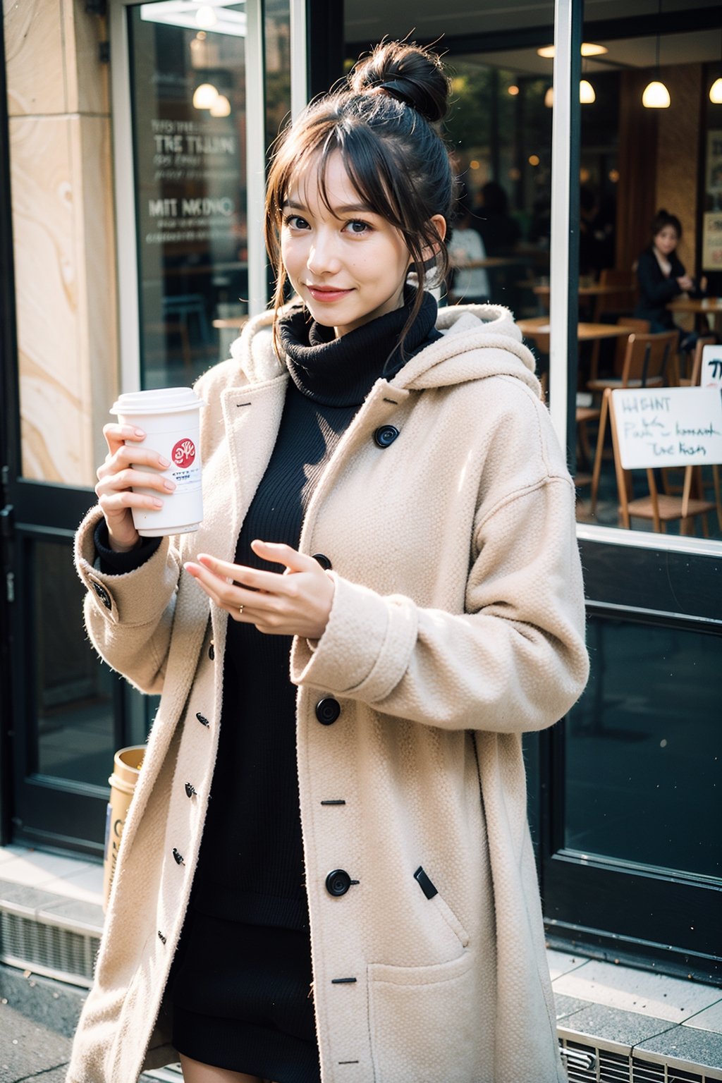 best quality, masterpiece, (photorealistic:1.4), 1girl, hairbun, long_sleeve, hoodie, coat, cold, scarf, skirts,outdoor, cafe, (happy:0.88), 