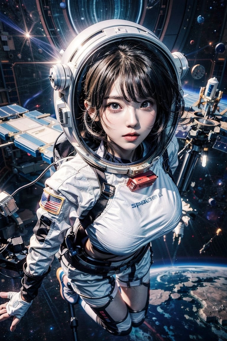 Anime 28 years old girl floating in the air in a spacesuit, wearing her helmet, portrait anime space cadet girl, girl in space, Ignorant and cute, Anime art wallpaper 8 K, style of anime4 K, Smooth anime CG art, Anime art wallpaper 4 K, Anime art wallpaper 4k, 4K anime wallpaper, render of a cute 3d anime girl, Anime wallpaper 4 k, Anime wallpaper 4K, big_boobies, full body, breasts out, floating in the air, hand carry Stuffed toy, High detailed, real breasts