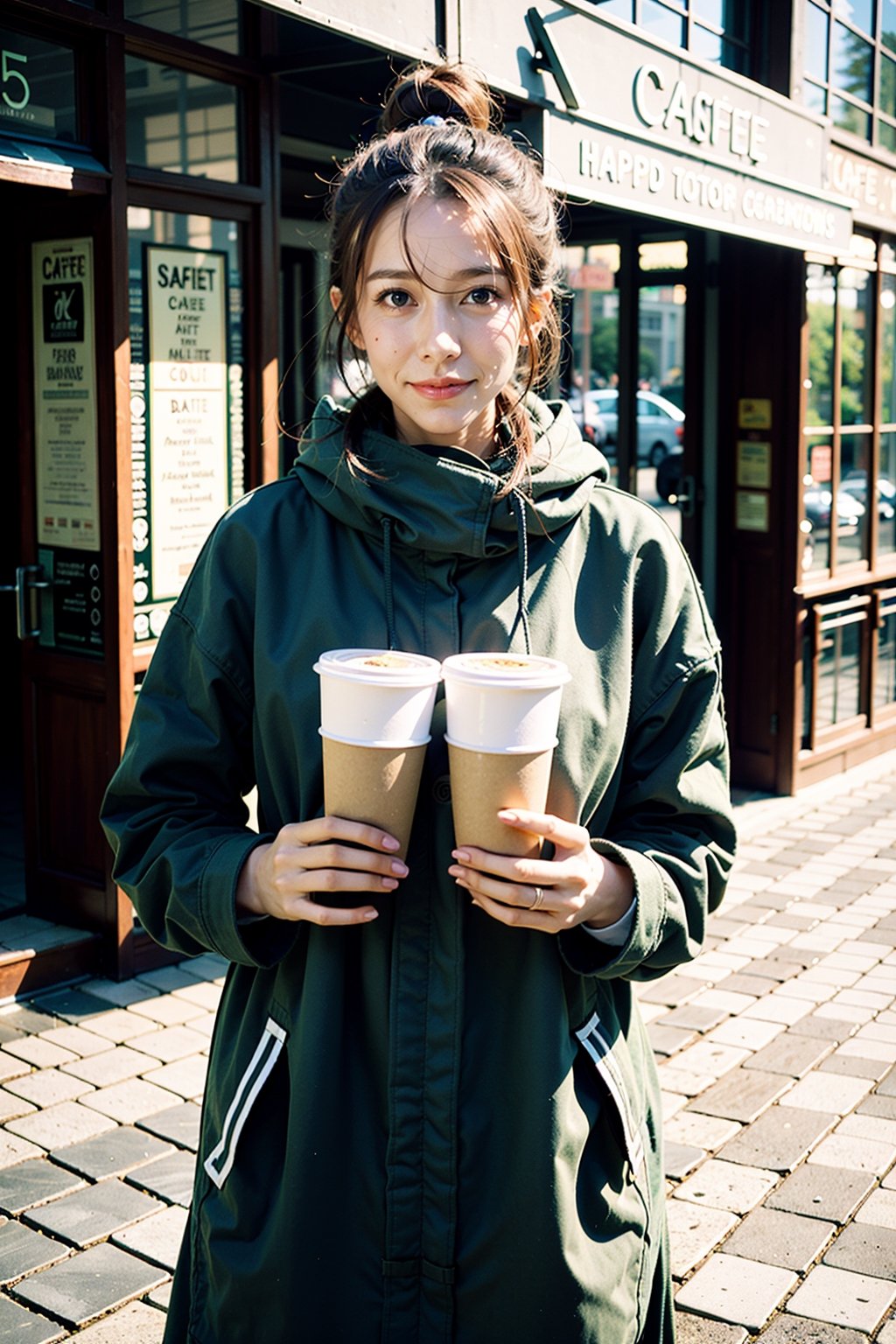 best quality, masterpiece, (photorealistic:1.4), 1girl, hairbun, long_sleeve, hoodie, coat, cold, scarf, skirts,outdoor, cafe, (happy:0.88), 