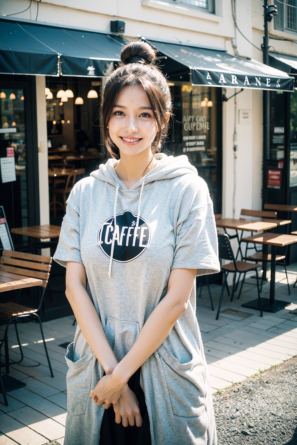 best quality, masterpiece, (photorealistic:1.4), 1girl, hairbun, short sleeve, hoodie, coat, skirts,outdoor, cafe, (happy:0.88), 