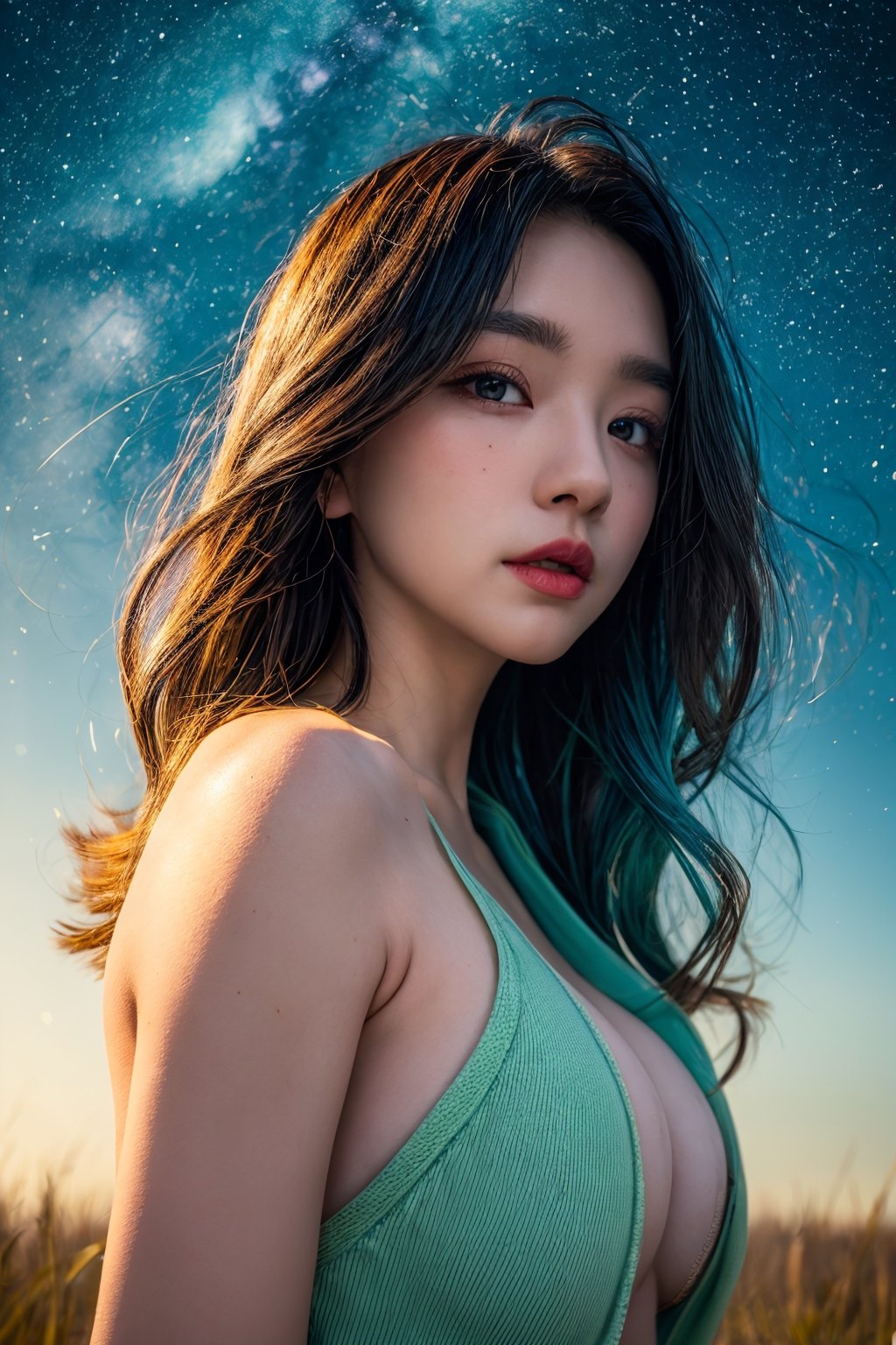 (close-shot photo:1.4) of a beatutiful woman wearing white underwear and cardigan on a open field, embers of memories, colorful, (photo-realisitc), nebula background, nebula theme,exposure blend, medium shot, bokeh, (hdr:1.4), high contrast, (cinematic, teal and green:0.85), (muted colors, dim colors, soothing tones:1.3), low saturation,fate/stay background,yofukashi background,(pureerosface_v1:0.8), (ulzzang-6500-v1.1:0.8),breasts,Beautiful eyes ,ASU1,bare shoulders,dream_girl, naked