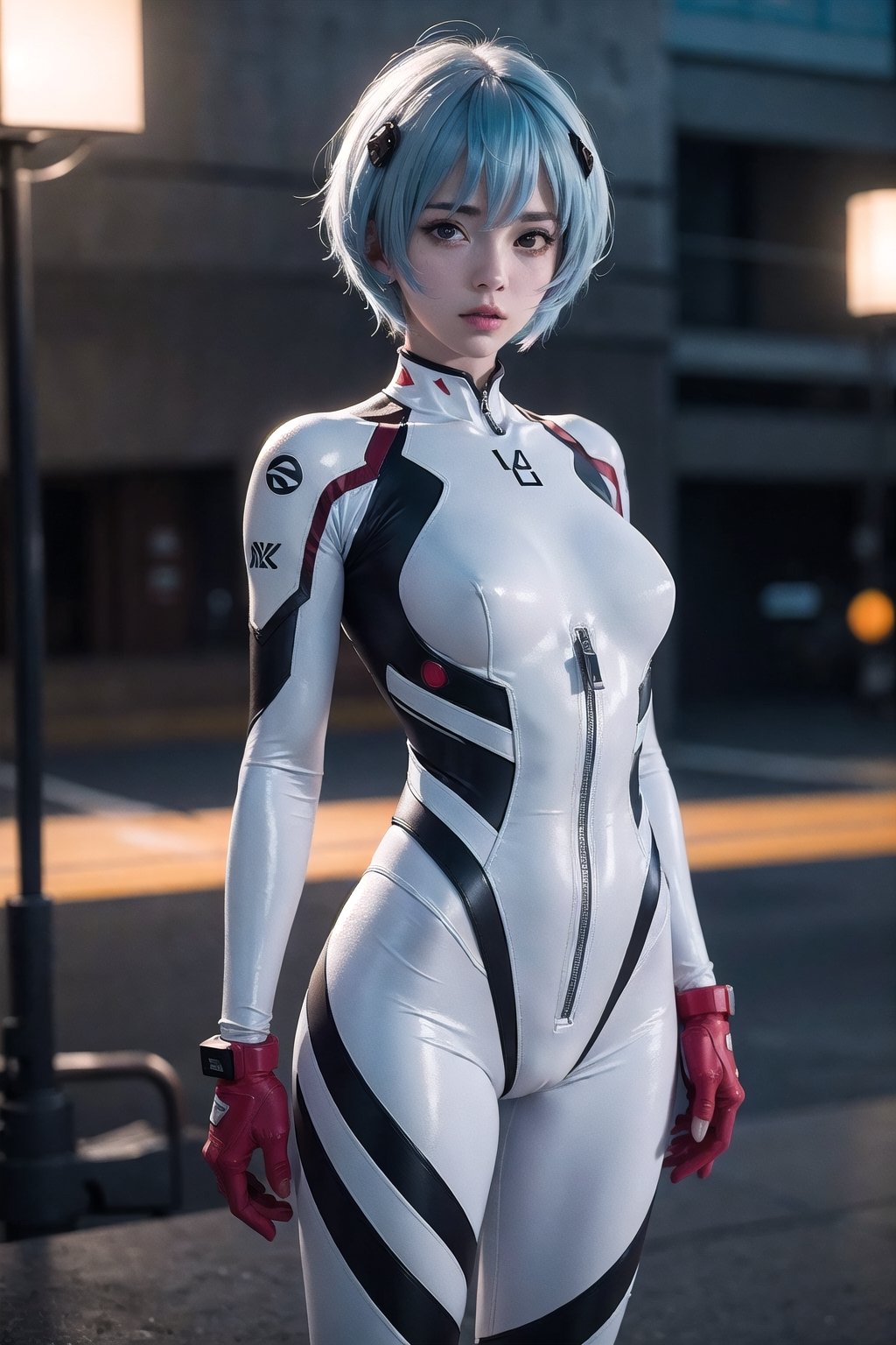 8k, masterpiece, best quality, realistic, sharp focus, cinematic lighting, extremely detailed, epic, dawn, girl, rei ayanami, light blue bob hair, white, tight suit, edgy, sexy, urban, (red leon lighting background), chest open, deep-V chest, techwear, outfit,