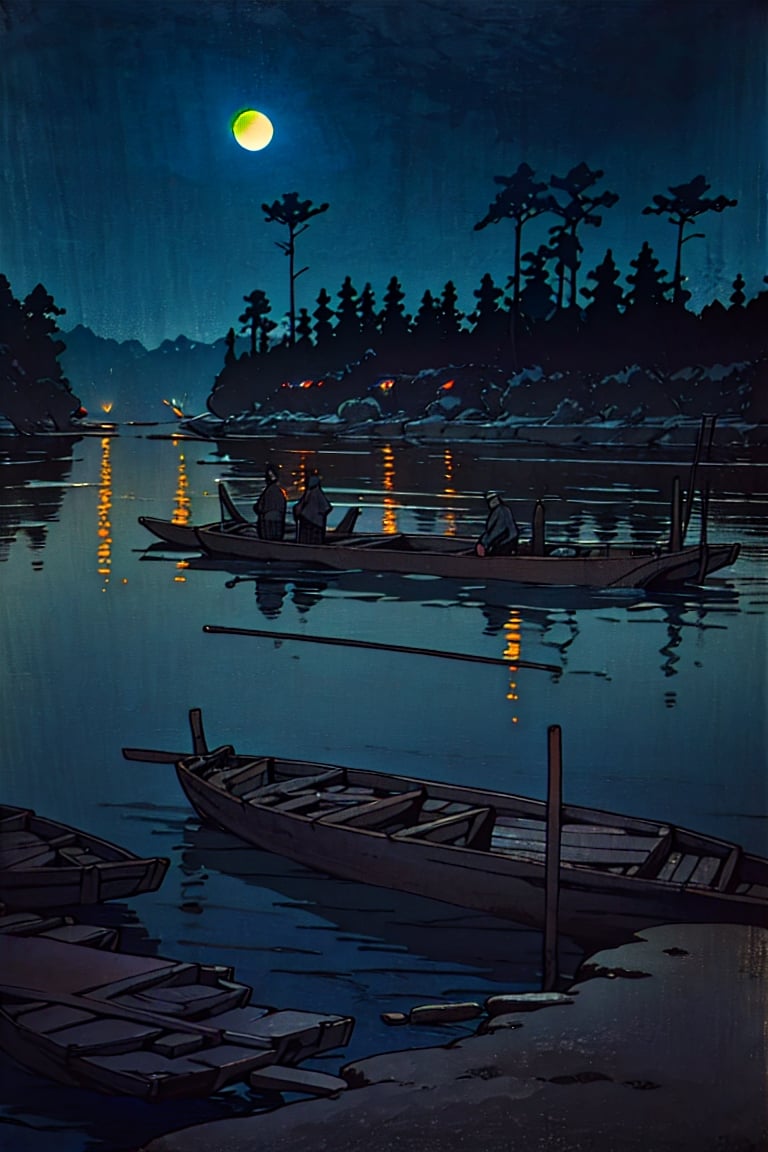 three aged wooden boats on wide calm river, dense layers of forests, (full moon:0.7), 
silently, (inky darkness of the night:1.1), (mysterious:1.1),
wide angle, 
masterpiece, photorealistic, ,ukiyo-e