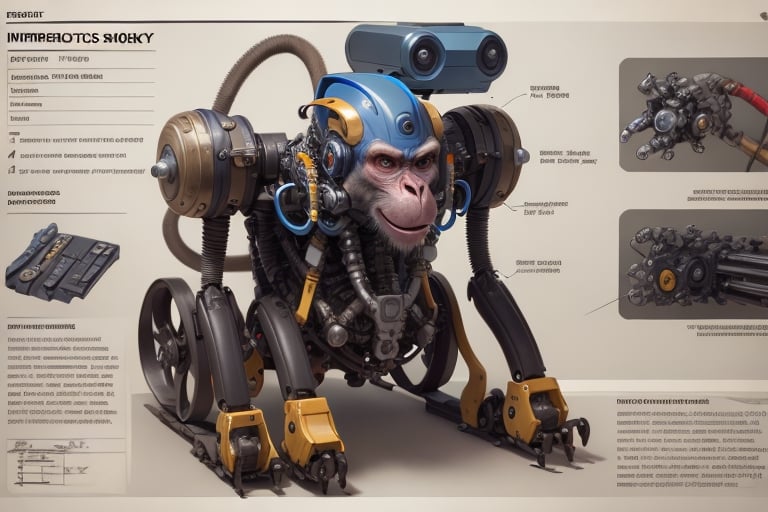 instruction schematics, assembling robot monkey, detailed high resolution